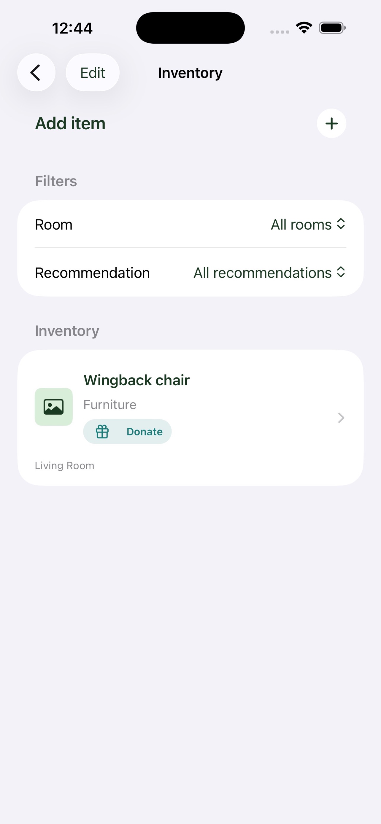 EstateBeacon inventory screen with filters and a donation item